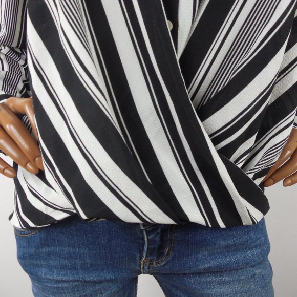 DRESSBARN Top M Black/White Striped Blouse NWT Hi/Low Stretch Roll Tab Long Slvs - Picture 4 of 11